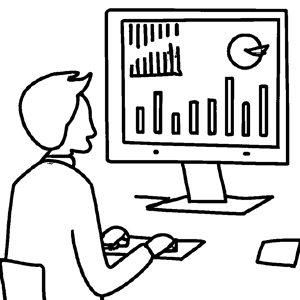 DALL·E 2022-12-01 11.16.54 - simple vector line drawing of a person working at a computer that has line charts on it Black DALL·E 2022-12-01 11.16.54 - simple vector line drawing of a person working at a computer that has line charts on it Black